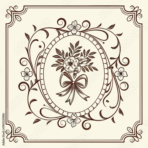 Decorative Floral Border with Bouquet Illustration