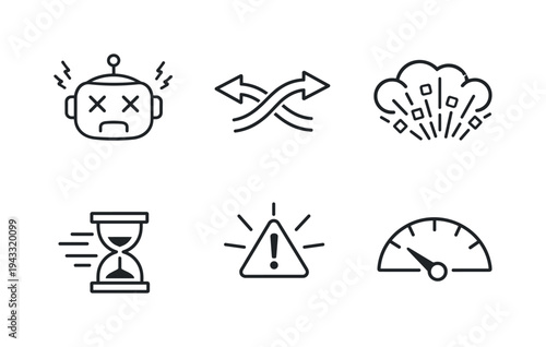 Line style vector icons of overloaded machine behavior: robot-head outline, contradictory-command arrows, data-burst motif,