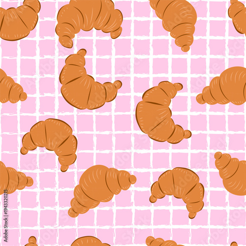 Seamless Croissant Pattern on Pink Grid Background for Cafe and Bakery Themes