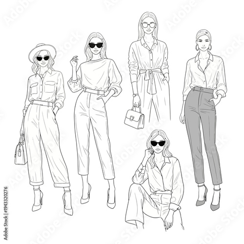 Line art illustration of five fashionably dressed women showcasing stylish outfits and accessories, presented in a clean, minimalist aesthetic.