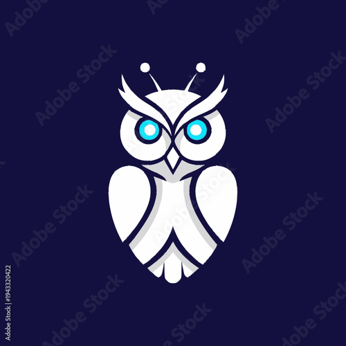 Modern white owl logo with glowing blue eyes and antennae on dark background. Digital technology, AI, wisdom, and smart concept icon.