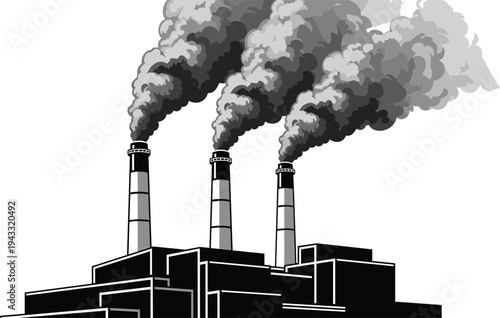 Industrial smokestacks pollution, factory emissions, climate change symbol, air pollution illustration, environmental damage icon, global warming design, flat vector illustration