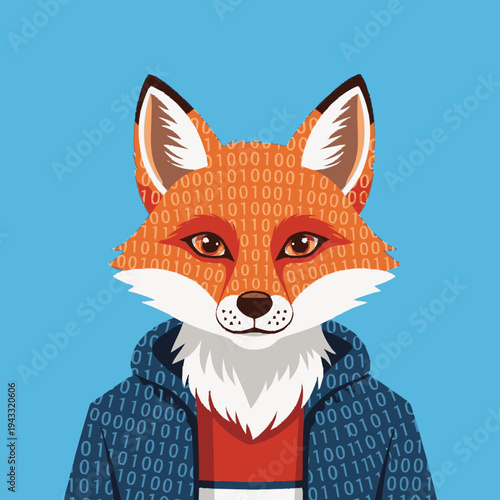 Clever digital fox avatar illustration with binary code pattern, representing programming, cybersecurity, and technological intelligence.