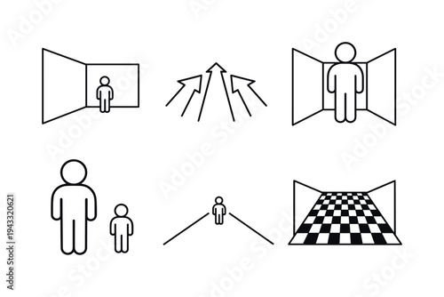 Line style vector icons of forced-perspective room: angled-wall motif, human-figure icon, perspective-arrow outline, large-person