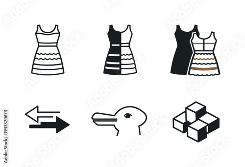 Line style vector icons of visual color ambiguity: dress-outline motif, dual-color icon, blue-black symbol, white-gold symbol,