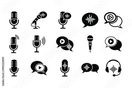 Black and white set of podcasting and audio icons