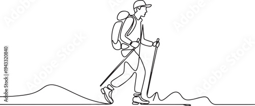 man tourist nature walk hike trekking lifestyle line art. one line Icon drawing
