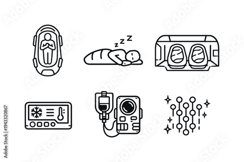 Cryosleep Vector Icons. Line style vector icons of cryosleep for interstellar travel: cryo-pod outline, sleeping-human motif,