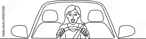 excited shocked female driver behind the wheel inside  car concept. one line Icon drawing