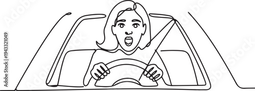 excited shocked female driver behind the wheel inside  car concept. one line Icon drawing