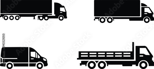 Four black silhouette trucks and van on white background