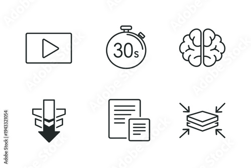 Set of six simple line icons representing concepts like video, time, brain, download, documents, and compression