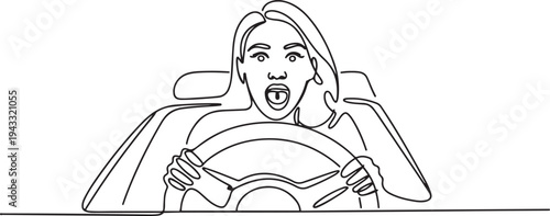 excited shocked female driver behind the wheel inside  car concept. one line Icon drawing