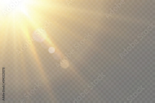 Bright sunbeam light effect with lens flare and glowing glare overlay
