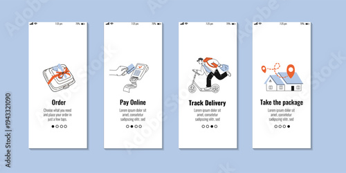 Set of mobile app onboarding screens for food delivery. Includes Order, Pay Online, Fast Delivery, and Take the Package steps in colorful, modern vector illustrations.