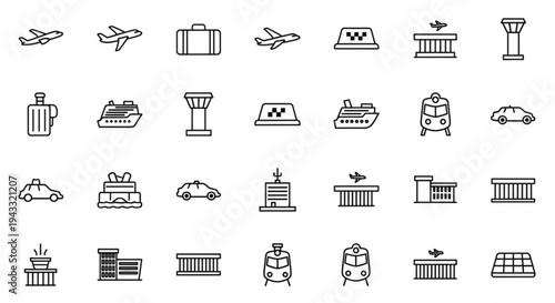 Black and white line icons of various travel and transportation symbols