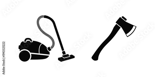 Silhouette of a vacuum cleaner and an axe on a white background
