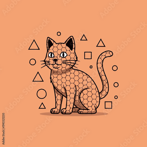 Cute Honeycomb Cat Illustration. Vector art of a sitting feline with geometric patterns and outlines on a warm orange background.