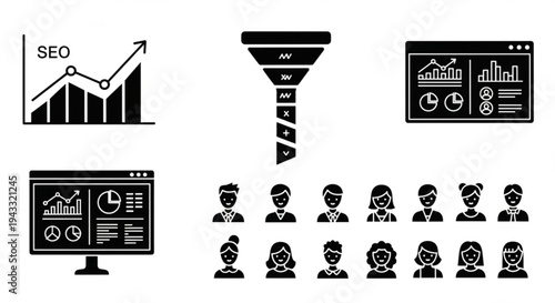 Seo optimization and conversion rate icons with people and graphs