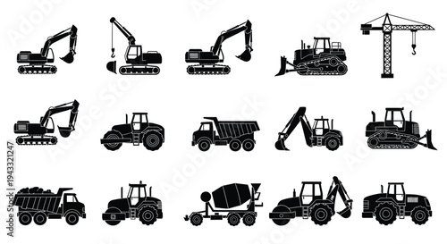 Collection of black silhouette construction vehicles and heavy machinery