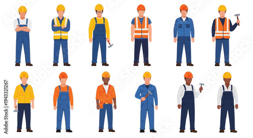 Diverse group of construction workers in safety vests and workwear