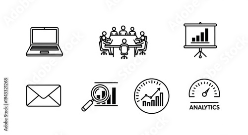 Black line icons for business analytics and communication tools