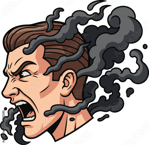 Furious Male Head Shouting, Symbolic Smoke of Extreme Stress and Anger