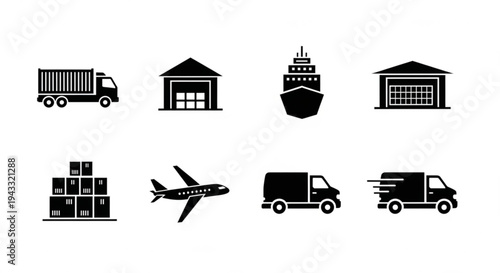 Black icons of various transportation vehicles and warehouses