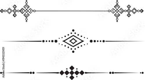 Set of minimalist geometric dividers featuring elegant line work with diamond shapes and circular dots for professional website layout decoration