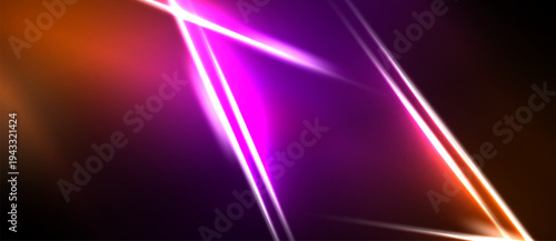 Abstract neon lines intersect, creating vibrant orange, purple glow. Dark background emphasizes bright geometric shapes, modern design.