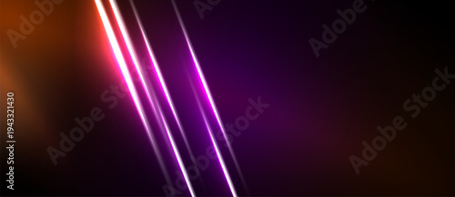 Abstract background features vibrant light streaks. Orange, purple hues dominate dark space. Modern design element, energetic feel.