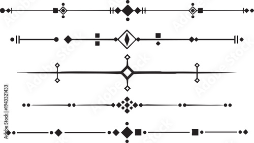 Professional collection of tribal inspired line dividers featuring bold geometric shapes and solid diamond patterns for modern ethnic design themes