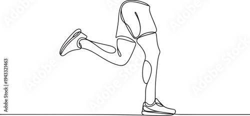 male legs in sneakers and shorts stand in profile, one leg raised - one line drawing. sports concept, running shoes, leg pain. one line Icon drawing