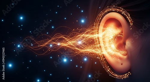 Human ear rendered with illuminated waves, capturing the concept of sound and perception