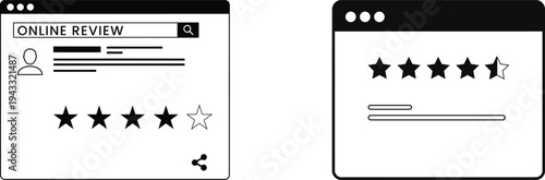 Silhouette of two mobile devices with rating and review screens on white background