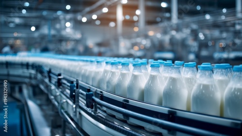 A sleek production line showcases freshly bottled milk in a modern dairy factory. Bright lighting highlights the clean setup and efficient workflow. Ideal for food industry visuals. AI