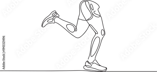 male legs in sneakers and shorts stand in profile, one leg raised - one line drawing. sports concept, running shoes, leg pain. one line Icon drawing