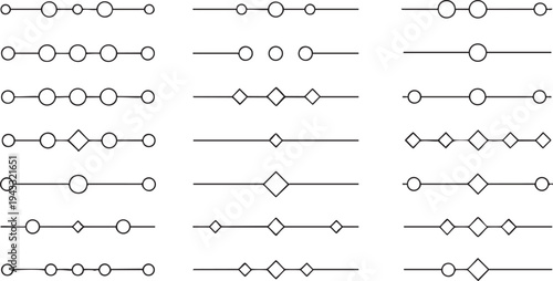 Geometric circles and diamond shapes as dividers, simple line art elements for text separation and page decoration, modern minimalist vector design