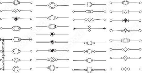 Set of black simple thin geometric page dividers and text separators collection with decorative shapes on transparent background