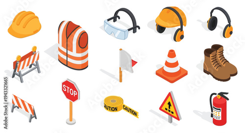 Isometric construction safety gear and equipment isolated on white background