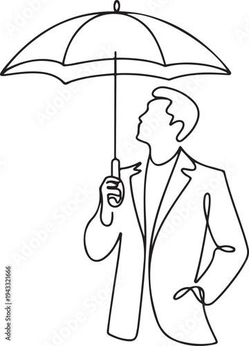 One continuous line art. A man holds an open umbrella above himself, he looks up from under him. Silhouette of a modern attractive man in a coat. one line Icon drawing