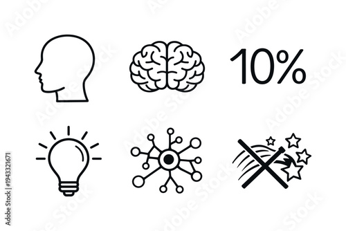 Line style vector icons of 10%-brain myth: human-head outline, brain-motif icon, 10-percent symbol, lightbulb-idea outline,