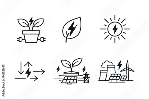 Line style vector icons of plants generating electricity: plant-outline icon, leaf-motif symbol, lightning-bolt icon,