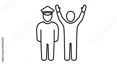 Simple line drawing depicts a police officer and a person with raised arms