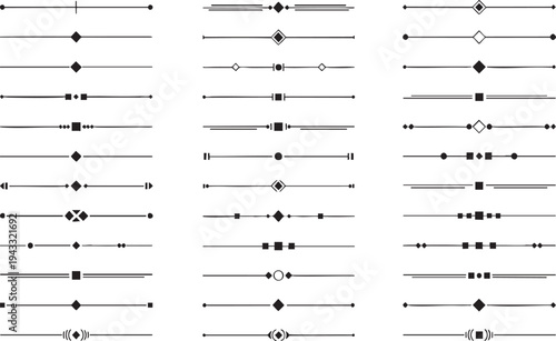 Collection of black minimal page dividers and text separators with various geometric shapes on transparent background, simple elements