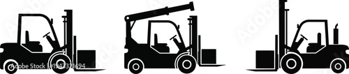 Silhouette of three forklifts in different positions on white background