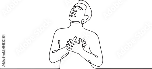 man is holding his heart with both hands, his mouth is wide open. One continuous line drawing concept of heart attack, for shortness of breath. one line Icon drawing