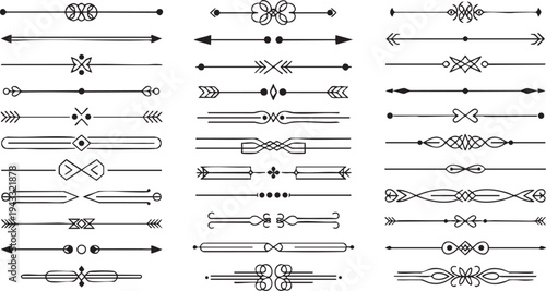Collection of symmetrical ornamental dividers with ethnic tribal and modern influences featuring arrows knots diamonds and intricate line work art