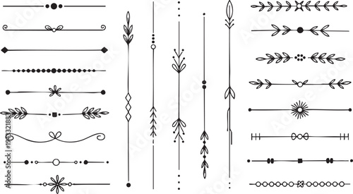 Set of hand drawn decorative dividers borders elements for design project including floral leaf motifs geometric shapes and minimalist line styles