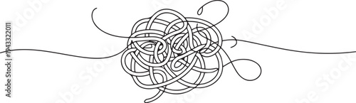 Continuous one line drawing of a chaotic tangled complex knot with protruding loops and threads. The concept of a problem. one line Icon drawing